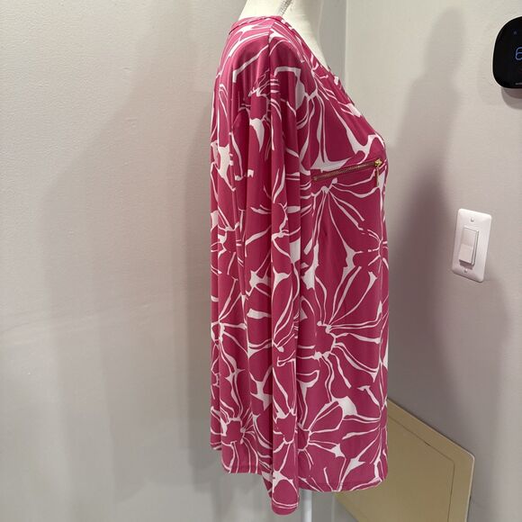 I.N.C. Pink Floral Blouse Size 3X Pink Long Sleeve Collared V Neck Zipper Faux - Picture 4 of 8